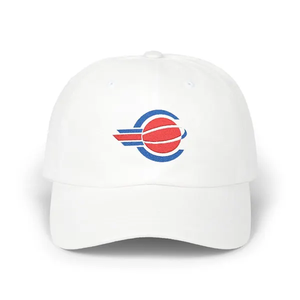 Abstract geometric shapes in red, royal blue, and white on a dad cap.