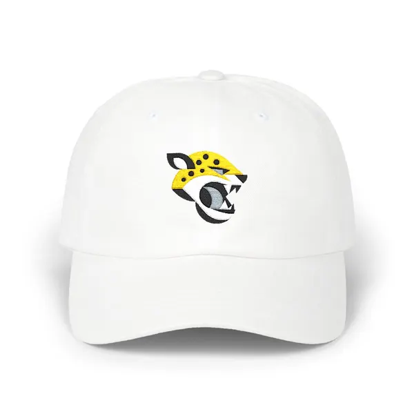 Abstract geometric shapes in black, gold, and white on a cotton dad cap.
