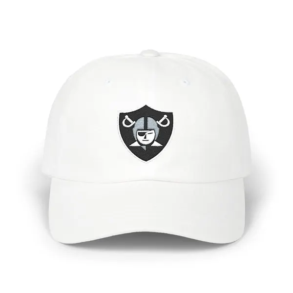 Abstract geometric shapes in black, white, and grey embroidered on a dad cap.