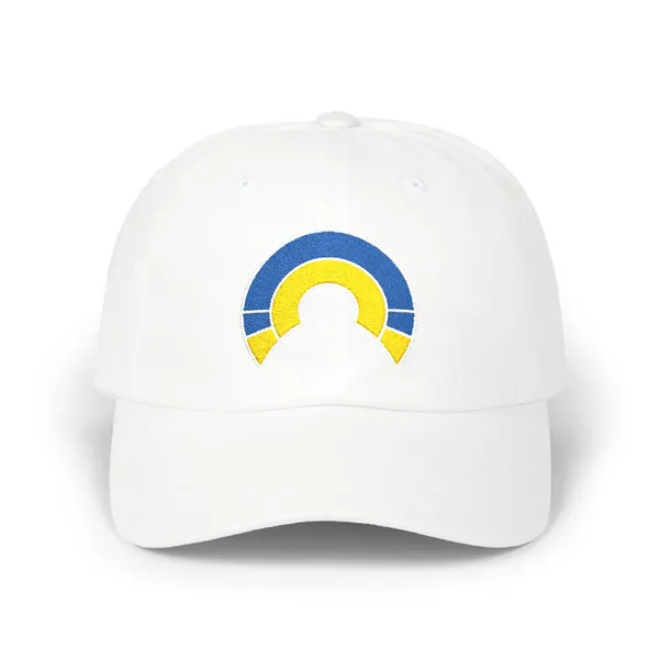 Abstract geometric shapes in royal blue, gold, and white embroidered on a fabric surface.