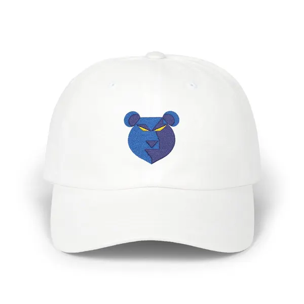 Embroidered abstract geometric shapes in dark navy, royal blue, light blue, and gold on a fabric cap.
