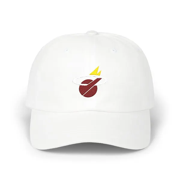 Abstract geometric shapes in maroon, off-white, and gold embroidery on a fabric surface.