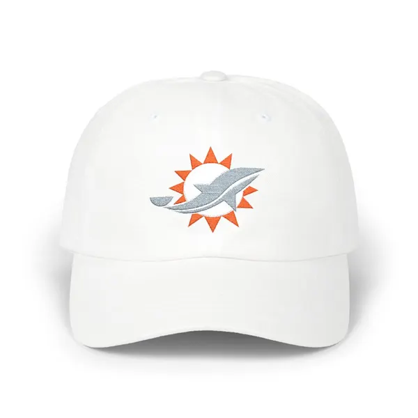 Embroidered abstract geometric shapes in white, bright orange, and teal on a grey fabric background.