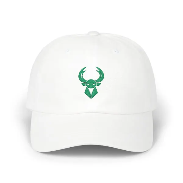 Abstract geometric shapes in Kelly Green (#013E22) and Off-White (#F7EBD6) embroidered on a cap.