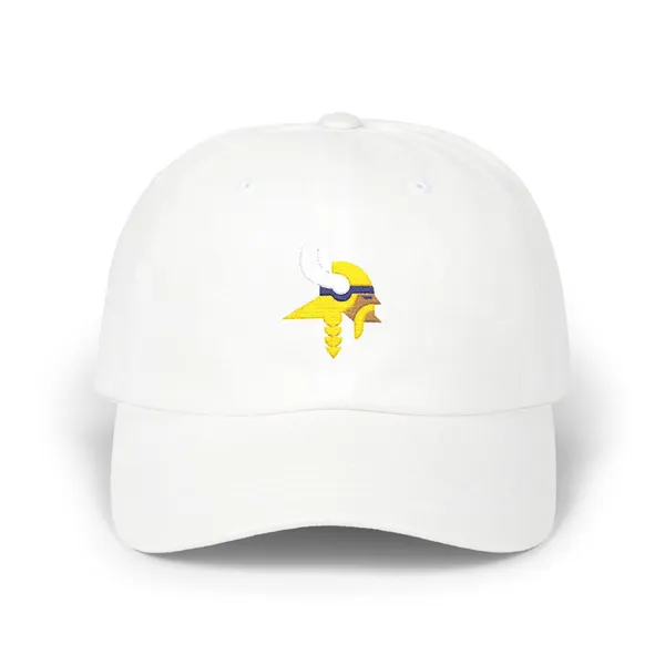 Abstract geometric shapes in gold, white, old gold, and purple embroidery on a cap.