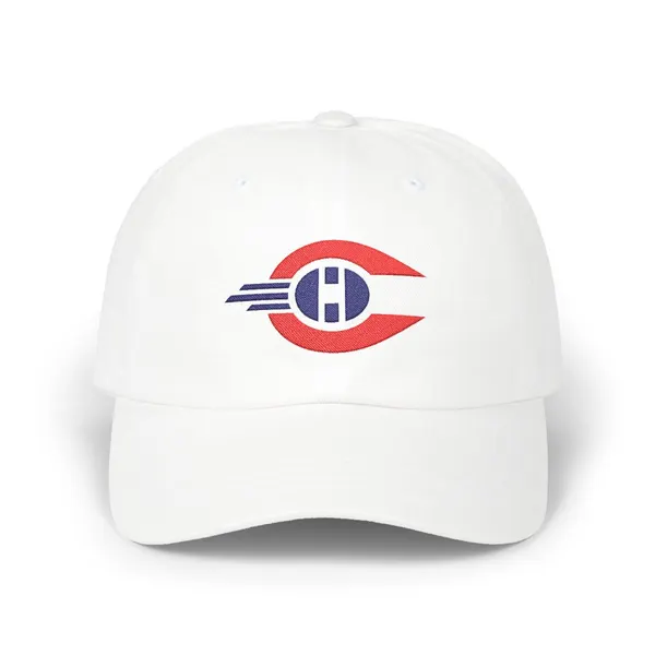 Abstract red and navy geometric shapes embroidered on a cotton cap.