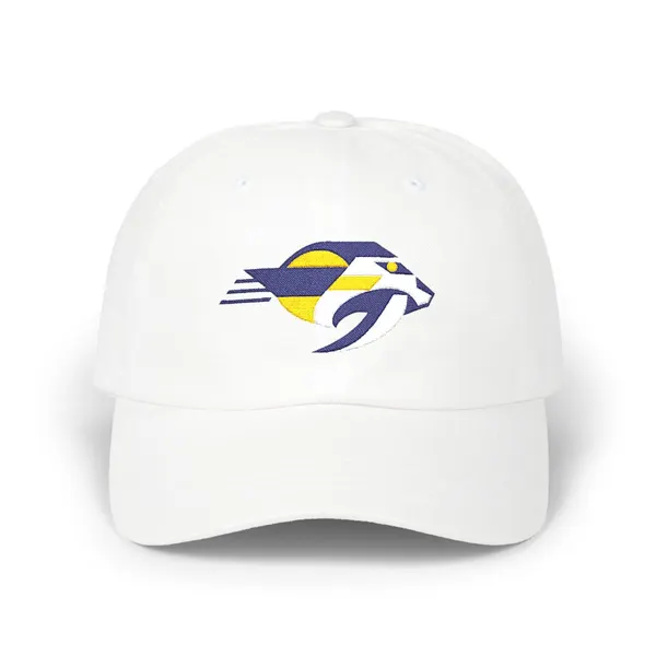 Embroidered abstract geometric shapes in navy, white, and gold on a cotton dad cap.
