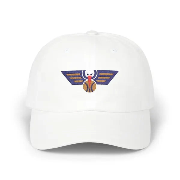 Abstract shapes in navy, old gold, white, and red on a cotton dad cap.