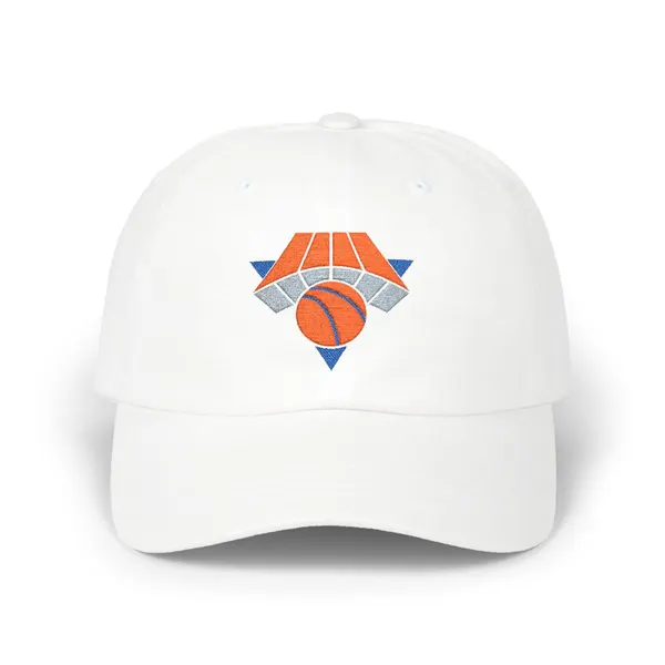 Abstract shapes in orange (#F46F14), grey (#818FA1), and royal blue (#194280) on a cotton dad cap.