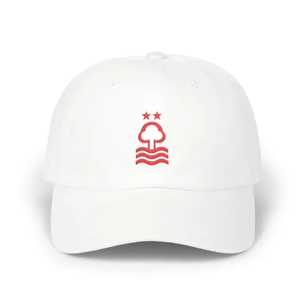 Abstract red and white geometric shapes embroidered on a dad cap.