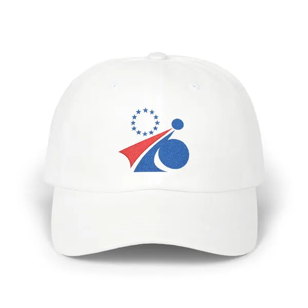 Abstract embroidered shapes in royal blue (#113981) and red (#CA1029) on a light-colored fabric cap.