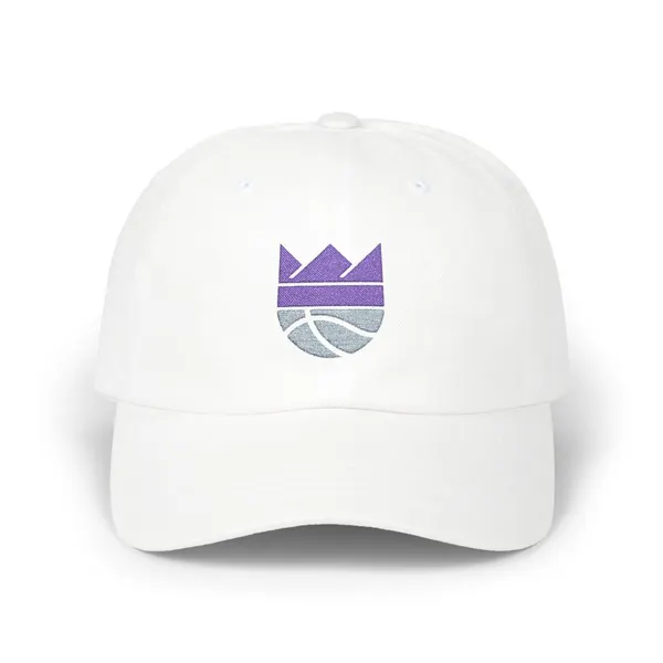 Abstract geometric shapes in purple (#4E2779) and grey (#58636D) on a cotton dad cap.