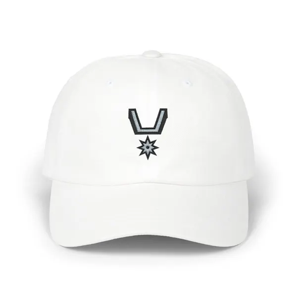 Abstract shapes in deep black and soft grey, embroidered on a dad cap.