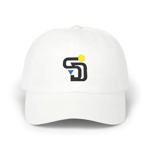 Abstract geometric shapes in black, gold, and royal blue on a cotton dad cap.