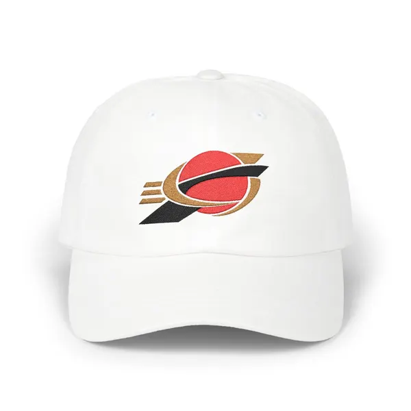 Abstract geometric shapes in red (#A40D17), black (#151514), and old gold (#A68B4E) embroidered on a dad cap.