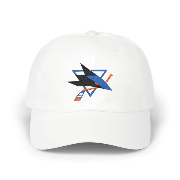 Abstract geometric shapes in black, royal blue, and orange on a dad cap.