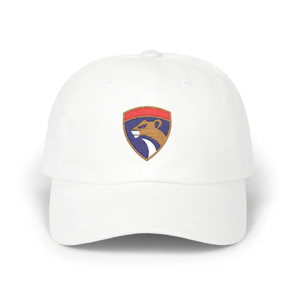 Abstract geometric shapes in navy blue, old gold, red, and off-white on a cotton dad cap.