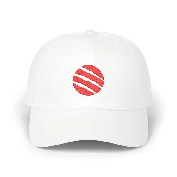 Abstract geometric embroidery in deep crimson and off-white on a structured cap panel.