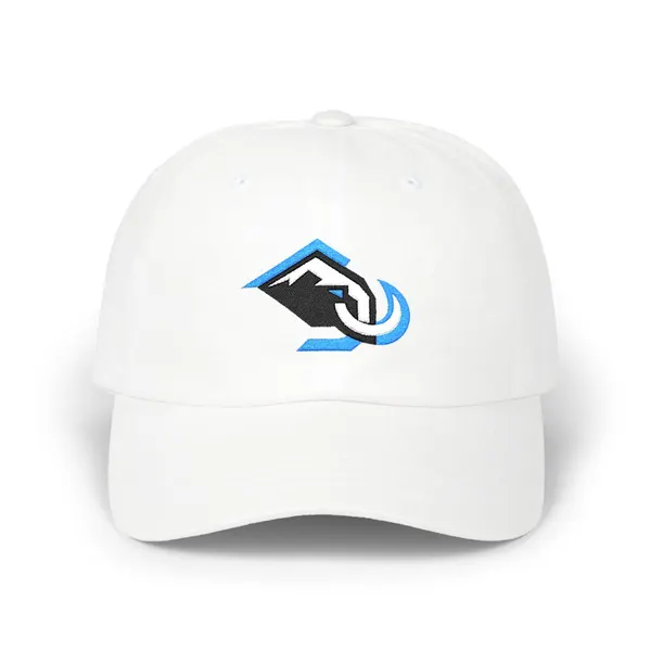 Abstract geometric embroidery in black, white, and light blue on a dark fabric background.