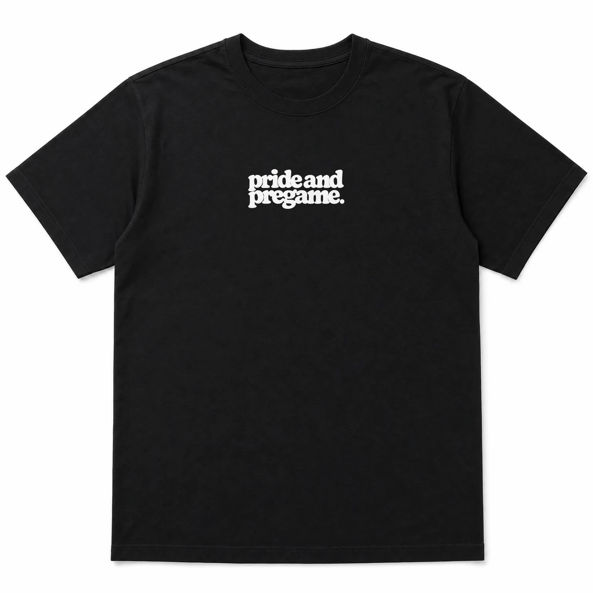 flat lay mockup of a heavyweight tee in black and white, front view, with the printed line pride and pregame across the chest