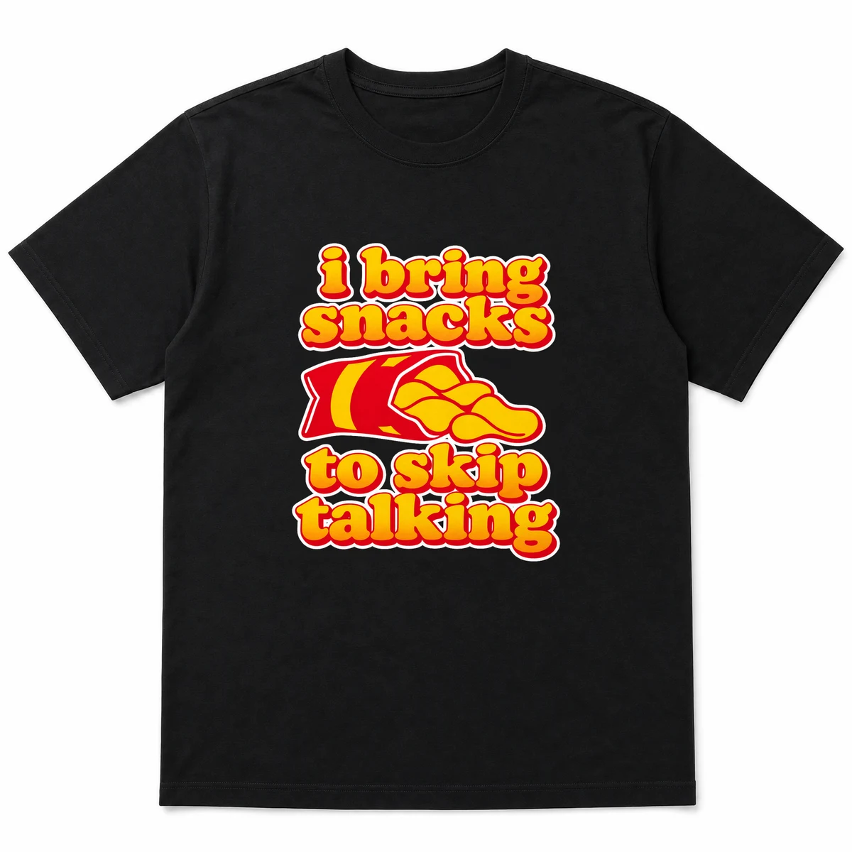 flat lay mockup of a heavyweight tee in black and white, front view, with the printed line i bring snacks to skip talking across the chest