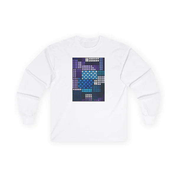 plate 002 on a white long sleeve tee, front view