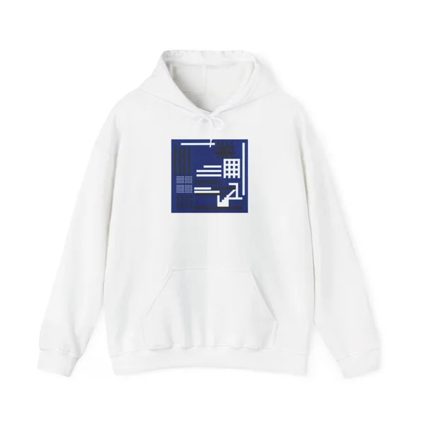 plate 003 on a white hoodie, front view