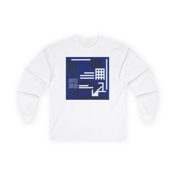 plate 003 on a white long sleeve tee, front view