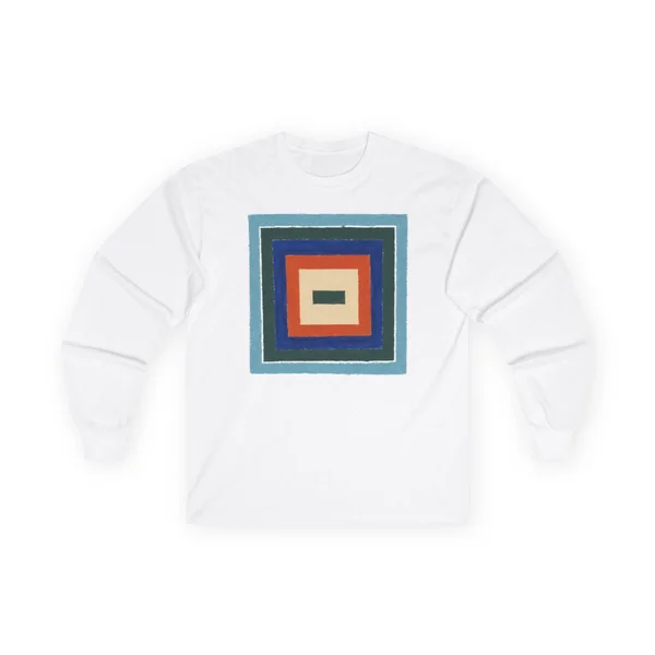plate 005 on a white long sleeve tee, front view