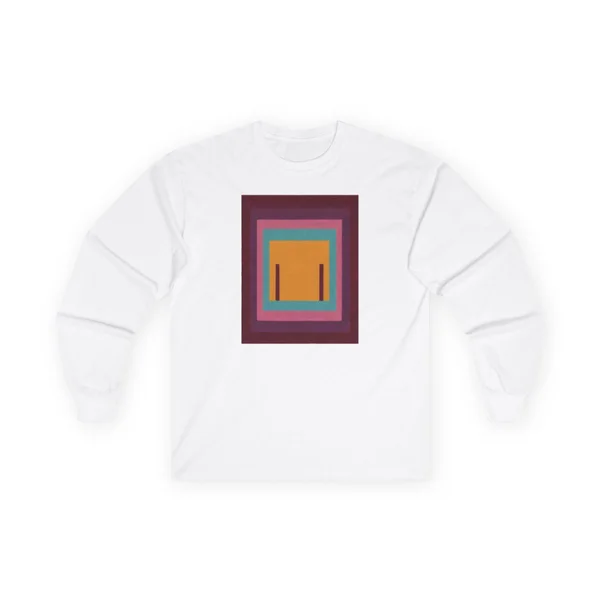 plate 008 on a white long sleeve tee, front view