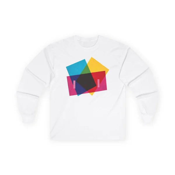 plate 009 on a white long sleeve tee, front view