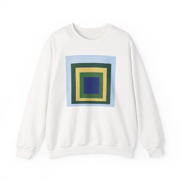 plate 010 on a white crewneck, front view