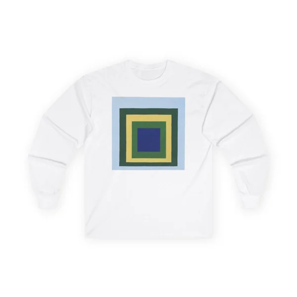 plate 010 on a white long sleeve tee, front view