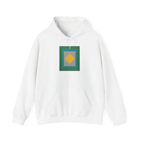 plate 015 on a white hoodie, front view