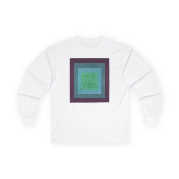 plate 016 on a white long sleeve tee, front view