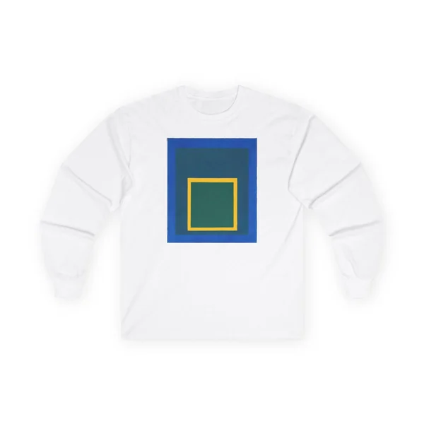 plate 017 on a white long sleeve tee, front view