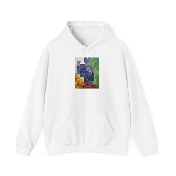 plate 051 on a white hoodie, front view