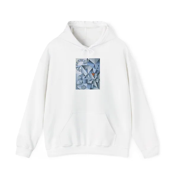 plate 055 on a white hoodie, front view