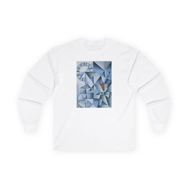 plate 055 on a white long sleeve tee, front view