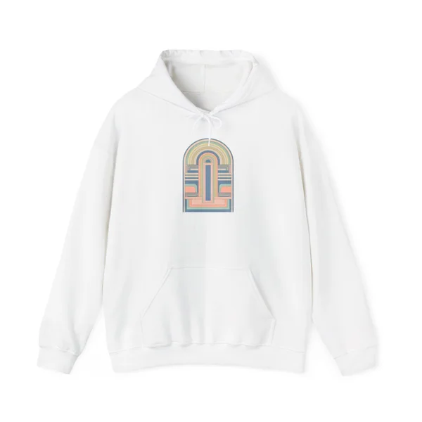 plate 074 on a white hoodie, front view