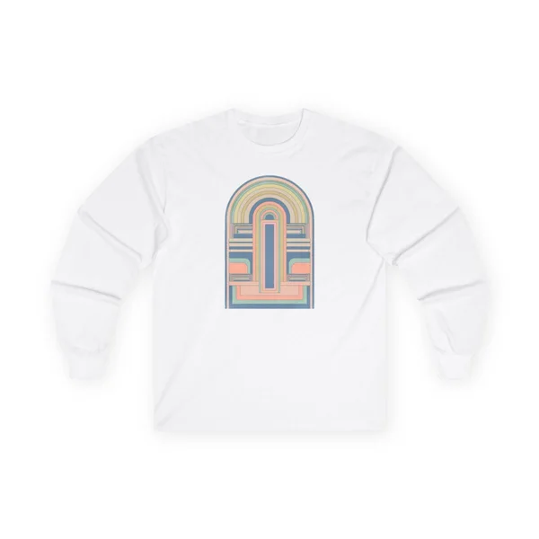 plate 074 on a white long sleeve tee, front view