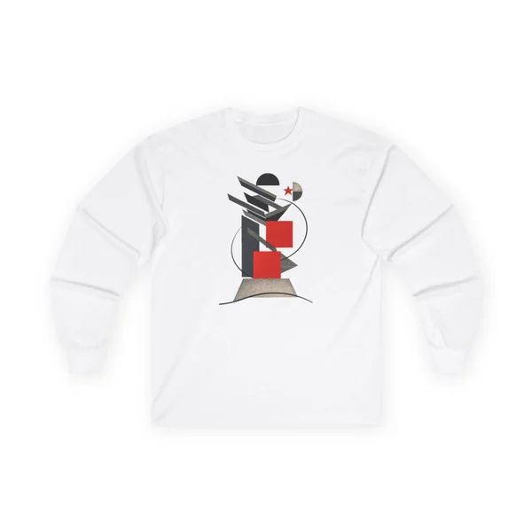plate 077 on a white long sleeve tee, front view
