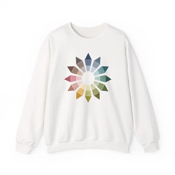 plate 084 on a white crewneck, front view