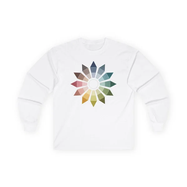 plate 084 on a white long sleeve tee, front view