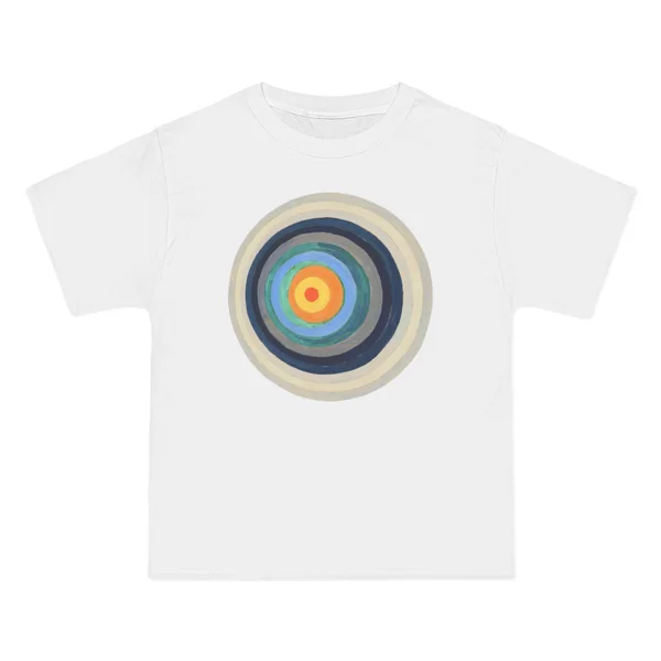 only color plate 105: navy, blue, cream, yellow concentric circles on cream