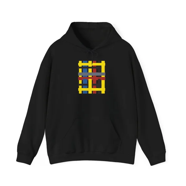 plate 136 on a black hoodie, front view