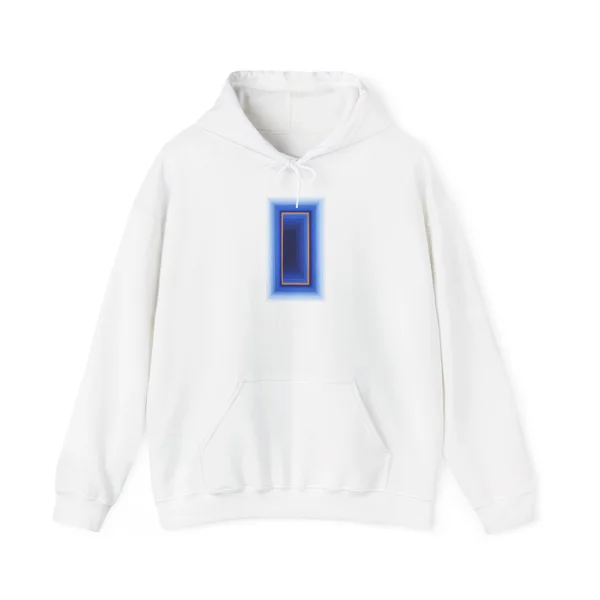 plate 142 on a white hoodie, front view