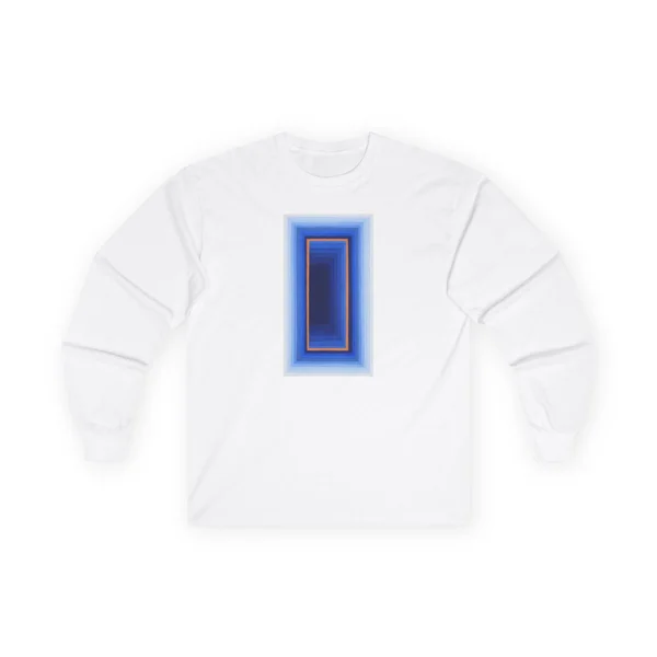 plate 142 on a white long sleeve tee, front view
