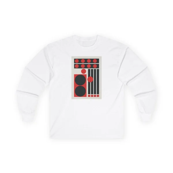 plate 143 on a white long sleeve tee, front view