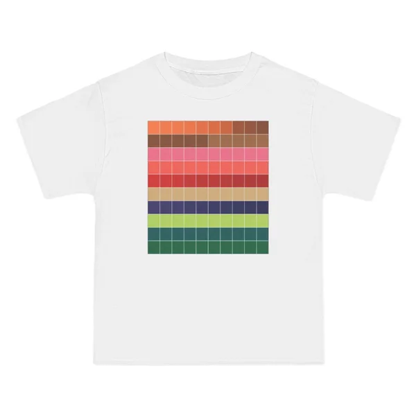 only color plate 275: Horizontal grid stripes in tan, pink, red, cream, yellow, teal